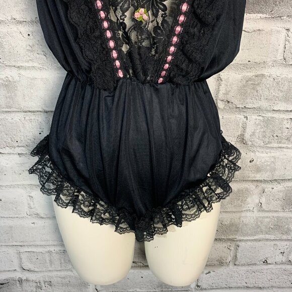 Vintage Dominique Black Satin Lace Teddy Romper Lingerie Bodysuit - Picture 4 of 11